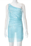 Blue Fashion Sexy Patchwork Sequins See-through Backless One Shoulder Sleeveless Dress