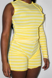 Yellow Fashion Casual Striped Print Patchwork Asymmetrical O Neck Long Sleeve Two Pieces
