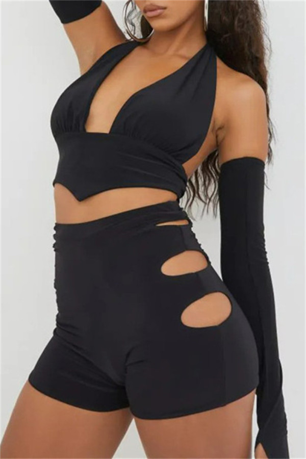 Black Fashion Sexy Solid Hollowed Out Backless Halter Long Sleeve Two Pieces