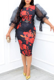 Multicolor Fashion Casual Print Patchwork O Neck Pencil Skirt Dresses (Without Belt)