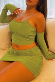 Green Sexy Solid Patchwork Strapless Long Sleeve Two Pieces