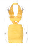 Yellow Fashion Sexy Solid Hollowed Out Backless Halter Sleeveless Two Pieces