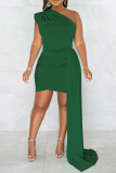 Rose Red Fashion Solid Patchwork One Shoulder Pencil Skirt Dresses