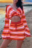 Red Fashion Casual Striped Patchwork V Neck Long Sleeve Two Pieces
