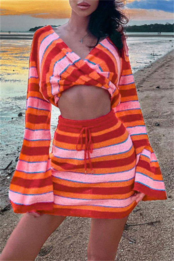 Red Fashion Casual Striped Patchwork V Neck Long Sleeve Two Pieces