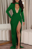 Red Fashion Sexy Formal Solid Hollowed Out Backless Slit O Neck Evening Dress
