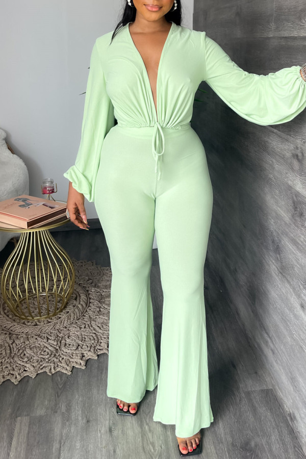 Light Green Fashion Casual Solid Patchwork V Neck Long Sleeve Two Pieces