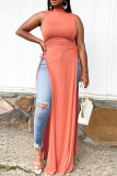 Orange Fashion Casual Solid Frenulum Slit O Neck Sleeveless Dress