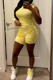 Yellow Fashion Casual Striped Print Patchwork Asymmetrical O Neck Long Sleeve Two Pieces