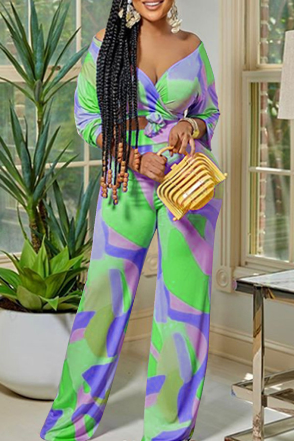 Light Green Fashion Casual Print Bandage V Neck Long Sleeve Two Pieces