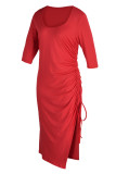 Red Fashion Casual Solid Patchwork Slit Fold O Neck Long Sleeve Dresses