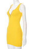 Yellow Sexy Solid Patchwork Zipper Collar Pencil Skirt Dresses