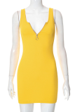 Yellow Sexy Solid Patchwork Zipper Collar Pencil Skirt Dresses