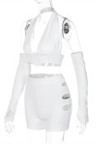 White Fashion Sexy Solid Hollowed Out Backless Halter Long Sleeve Two Pieces