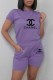 Purple Fashion Casual Print Letter O Neck Short Sleeve Two Pieces