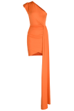 Rose Red Fashion Solid Patchwork One Shoulder Pencil Skirt Dresses