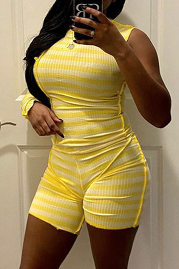 Yellow Fashion Casual Striped Print Patchwork Asymmetrical O Neck Long Sleeve Two Pieces