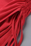 Red Fashion Casual Solid Patchwork Slit Fold O Neck Long Sleeve Dresses