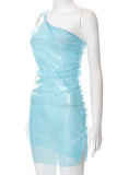 Blue Fashion Sexy Patchwork Sequins See-through Backless One Shoulder Sleeveless Dress