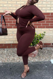Brown Red Fashion Casual Solid Patchwork Zipper Collar Long Sleeve Two Pieces