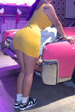 Yellow Sexy Solid Patchwork Zipper Collar Pencil Skirt Dresses