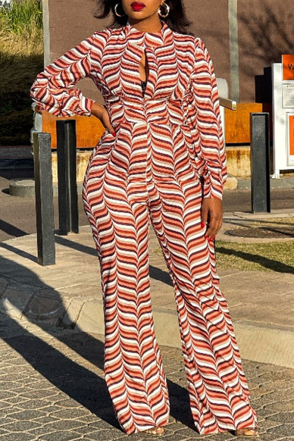 Multicolor Fashion Casual Print Hollowed Out Patchwork O Neck Regular Jumpsuits