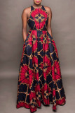 Red Fashion Vintage Print Patchwork O Neck Sleeveless Dress