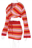 Red Fashion Casual Striped Patchwork V Neck Long Sleeve Two Pieces