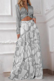 Blue Casual Print Bandage Patchwork Turndown Collar Long Sleeve Two Pieces