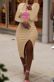 Khaki Fashion Casual Print Slit Square Collar Long Sleeve Dresses