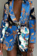 Blue Black Fashion Casual Print Patchwork Turn-back Collar Outerwear (Without Belt)