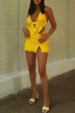 Yellow Fashion Sexy Solid Hollowed Out Backless Halter Sleeveless Two Pieces