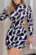 Tibetan Blue Fashion Sexy Print Backless Half A Turtleneck Long Sleeve Dresses