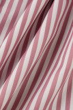 Pink Casual Striped Print Patchwork Buckle Turndown Collar Straight Rompers