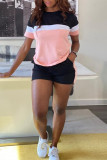 Pink Fashion Casual Print Patchwork O Neck Short Sleeve Two Pieces