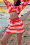 Red Fashion Casual Striped Patchwork V Neck Long Sleeve Two Pieces