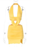 Yellow Fashion Sexy Solid Hollowed Out Backless Halter Sleeveless Two Pieces