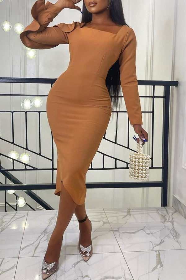 Coffee Fashion Casual Solid Patchwork Square Collar Long Sleeve Dresses