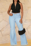 Baby Blue Casual Solid Bandage Patchwork High Waist Denim Jeans