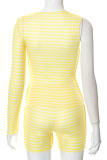 Yellow Fashion Casual Striped Print Patchwork Asymmetrical O Neck Long Sleeve Two Pieces