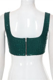 Dark Green Fashion Sexy Patchwork Sequins Backless Square Collar Tops