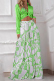 Blue Casual Print Bandage Patchwork Turndown Collar Long Sleeve Two Pieces