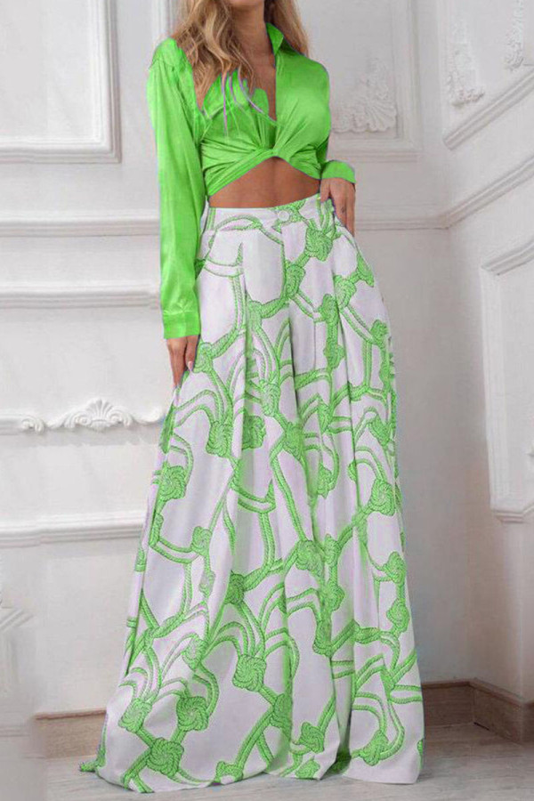Green Casual Print Bandage Patchwork Turndown Collar Long Sleeve Two Pieces