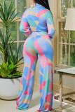 Light Blue Fashion Casual Print Bandage V Neck Long Sleeve Two Pieces