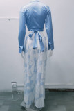 Blue Casual Print Bandage Patchwork Turndown Collar Long Sleeve Two Pieces