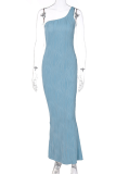 Sky Blue Sexy Solid Patchwork One Shoulder Trumpet Mermaid Dresses