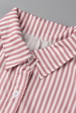 Pink Casual Striped Print Patchwork Buckle Turndown Collar Straight Rompers