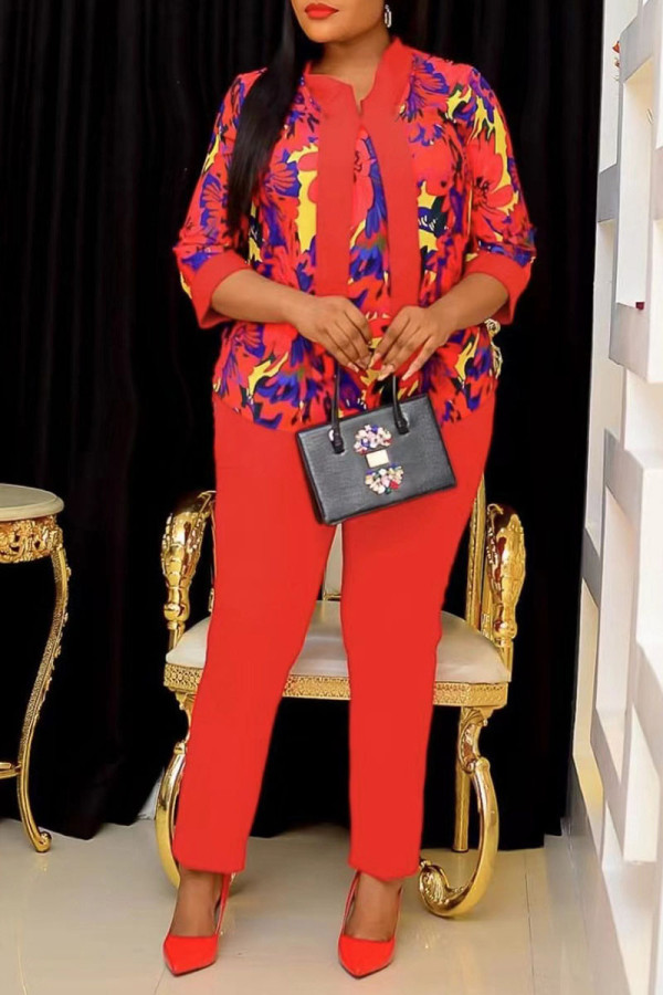 Red Casual Print Patchwork O Neck Three Quarter Two Pieces