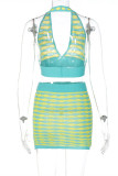 Green Fashion Sexy Patchwork Backless Halter Sleeveless Two Pieces