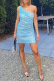 Blue Fashion Sexy Patchwork Sequins See-through Backless One Shoulder Sleeveless Dress